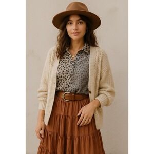 Roamans Button Front Shirt Tan Black Animal Print Short Sleeve Womens Size 14W